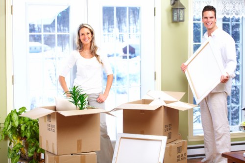 Packed office items ready for secure transport during an Earls Court removal